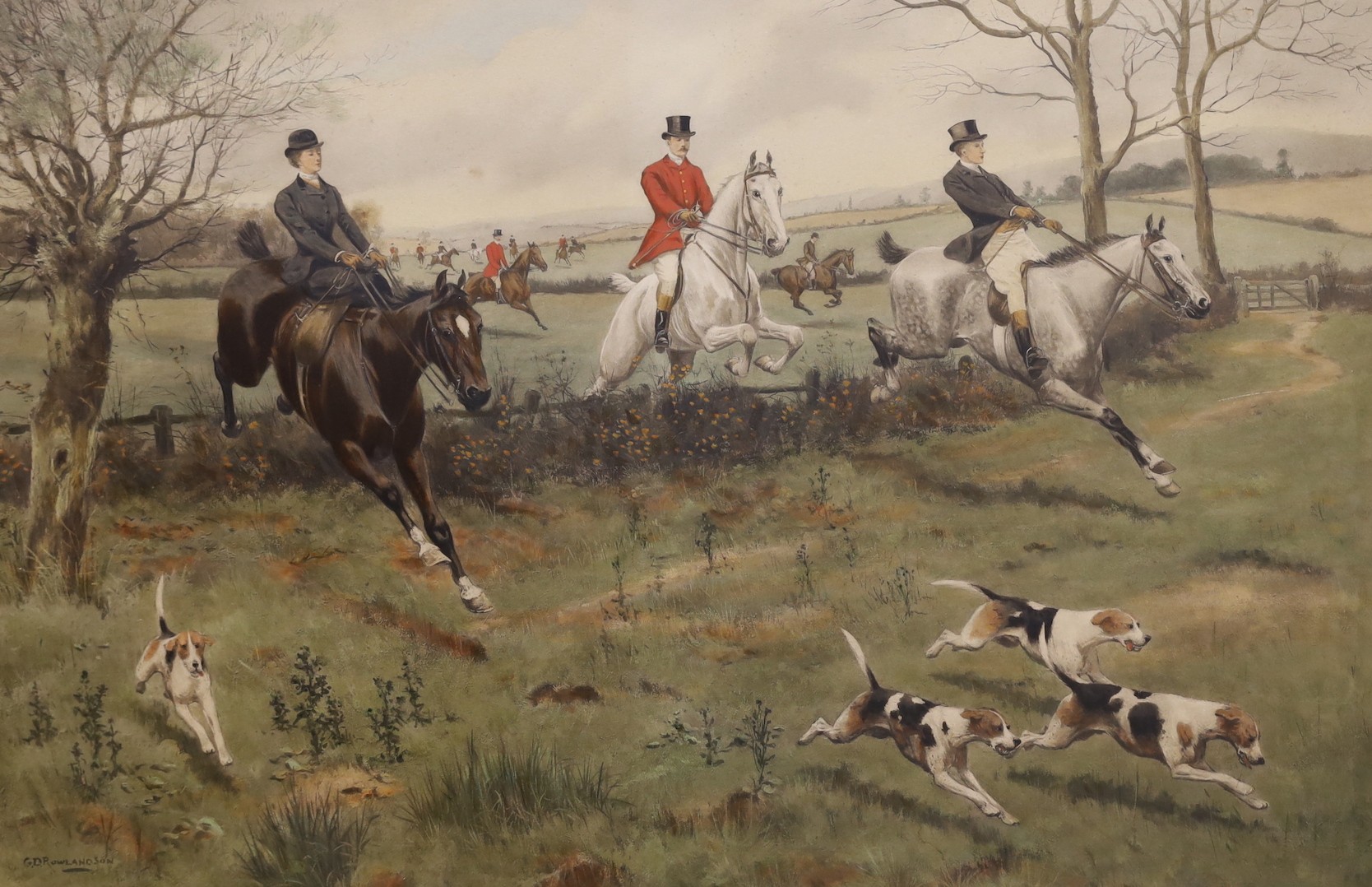 After G D Rowlandson, pair of hunting prints, ‘A Business like This’ and ‘My Lady Leads’, 40 x 63cm